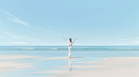 Generative AI : woman in white doing yoga on coast of sea on beachの素材