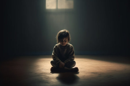 Generative AI : upset sad sad child girl in stress sits and cries at an empty dark wallの素材