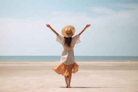 Generative AI : Happy woman standing arms outstretched back and enjoy life on the beach at Seaの素材