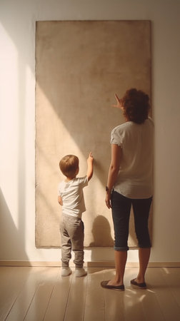 Generative AI : Mother and child girl hang their drawings on the wallの素材