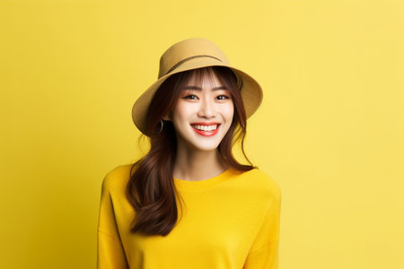Generative AI : Happy young ethnic woman smiling and pulling trendy knitted hat on eyes against yellow backgroundの素材