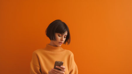 Generative AI : Amazed young female in orange sweater and trendy glasses reading unexpected message on smartphone against blue backgroundの素材