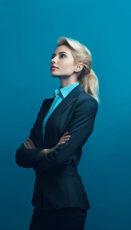 Generative AI : Concept of success and business woman in modern blue backgroundの素材