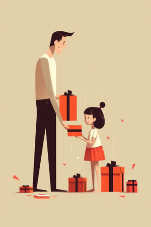 Generative AI : Fathers day Happy family daughter giving dad a greeting card on holidayの素材