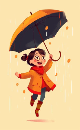 Generative AI : Full body side view of excited little girl in yellow raincoat and boots with red umbrella having fun and jumping above ground against yellow backgroundの素材