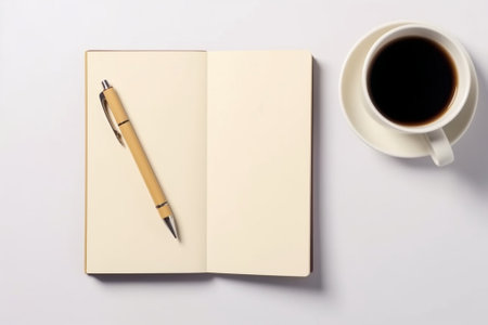 Generative AI : Open a blank white notebook pen and cup of coffee on the deskの素材