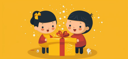 Generative AI : Merry Christmas Happy funny multiracial children boys wearing santa hat and deer antlers holding snowy Xmas tree and wrapped gift box standing isolated over yellowの素材