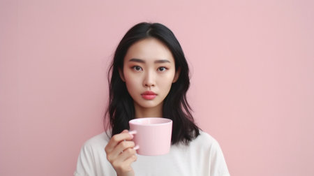 Generative AI : Sleepy young female with closed eyes touching face while drinking coffee early in morning against pink backgroundの素材