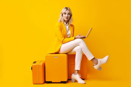 Generative AI : oncept of summer travelling ropped female legs in shorts passport ticket and red suitcase on a bright yellow backgroundの素材