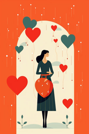 Generative AI : beautiful girl with a postcard valentine on abstract background with red heartsの素材