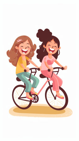 Generative AI : happy children sister girl cyclist riding a bike on the roadの素材