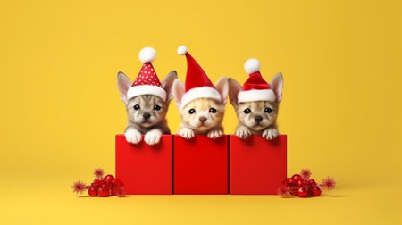 Generative AI : Merry Christmas Happy funny multiracial children boys wearing santa hat and deer antlers holding snowy Xmas tree and wrapped gift box standing isolated over yellowの素材