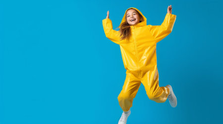 Generative AI : funny child girl jumping on a colored yellow backgroundの素材