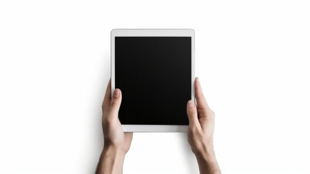 Generative AI : white tablet with a blank empty screen in the handsの素材