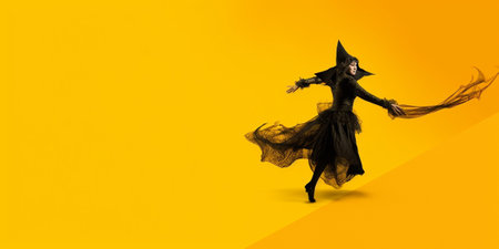Generative AI : Happy cheerful girl in witch pumpkin costume jumping and celebrates Halloween and laughs on yellow backgroundの素材