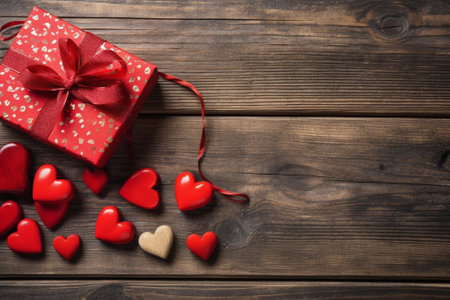 Generative AI : Card to Valentines day blank empty paper sheet and a red heart on a wooden backgroundの素材