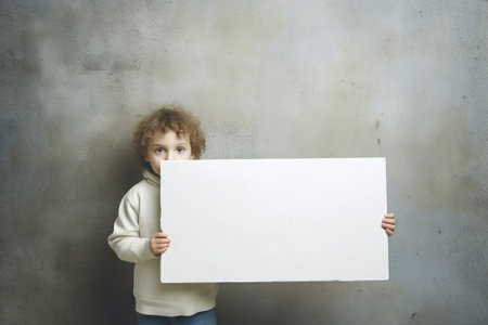 Generative AI : funny cute baby with white blank banner in hand isolated on a gray backgroundの素材