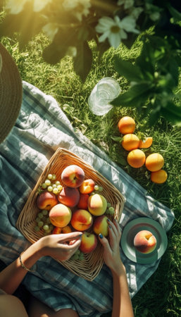 Generative AI : Healthy Eating a woman with a plate of fruit in the summer on the natureの素材