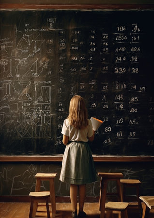 Generative AI : Child girl prodigy student with book near school blackboardの素材