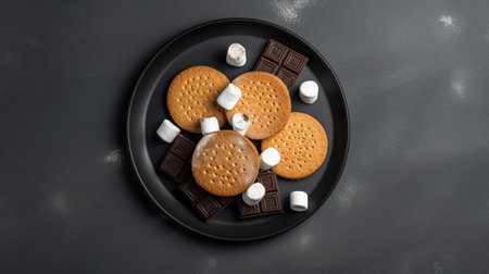 Generative AI : Muffins chocolate cake on a black plateの素材