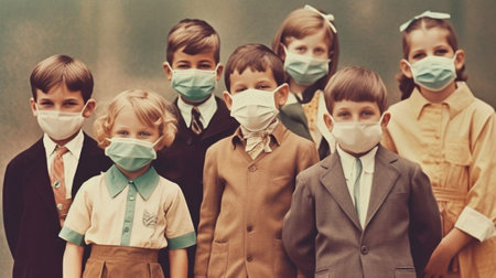 Generative AI : Parents and kids in medical masks looking at camera while standing against gray wall during contagious coronavirus epidemicの素材