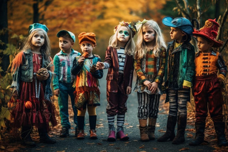 Generative AI : happy Halloween a group of children in suits and with pumpkins in the forestの素材