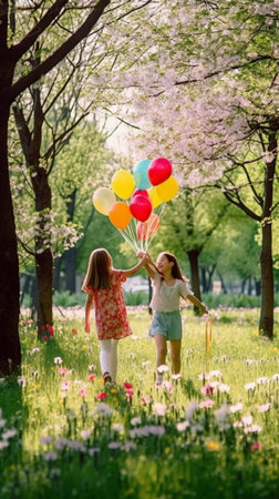 Generative AI : girls twin sisters in the meadow in the summer with balloonsの素材