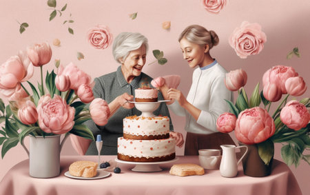 Generative AI : mothers day three generations of a loving family mother grandmother and daughter congratulate on the holiday give flowersの素材