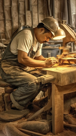 Generative AI : young male carpenter working in a workshopの素材