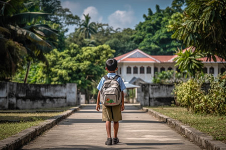 Generative AI : Back view full body schoolboy with backpack going to school on path in parkの素材