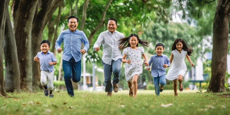 Generative AI : Excited parents and children smiling and running hand in hand camera on green lawn in summer parkの素材