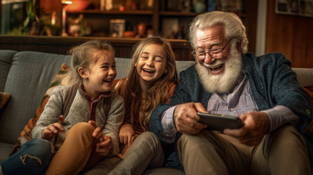 Generative AI : Active positive senior couple grandparents playing with cute little girl granddaughter in living room having fun and spending leisure time at home smiling grandpa cの素材