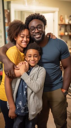 Generative AI : Full body multiethnic father and mother smiling and lifting mixed race son in cozy living roomの素材