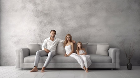 Generative AI : Happy family mother father son daughter on a white blank brick wall backgroundの素材