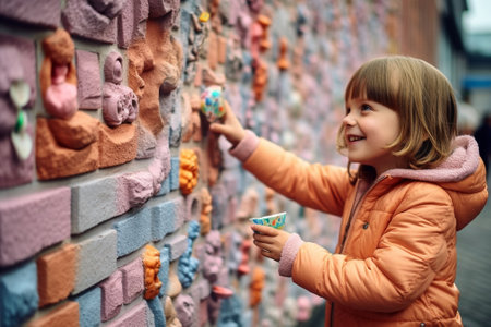 Generative AI : a happy child girl near an empty brick wallの素材