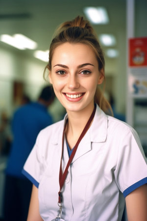 Generative AI : Portrait of an attractive young nurse in the hospitalの素材