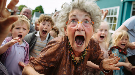 Generative AI : Shocked tired grandmother in casual wear sitting on sofa with hands on head while energetic grandchildren having fun and jumping around at homeの素材