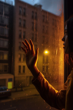 Generative AI : hand of girl melancholy and sad at the window in the rainの素材