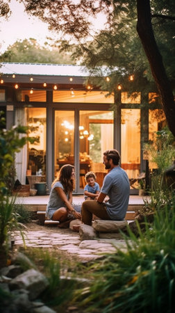Generative AI : happy family mother father and child son are sitting on the porch laughing and playing in the summer at the dacha country houseの素材