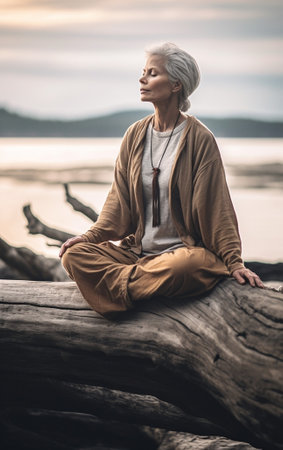 Generative AI : Cropped shot of unrecognizable woman in grey pants standing barefoot on a wooden Sadhu board with nails during concentration meditation practice outdoors during morの素材
