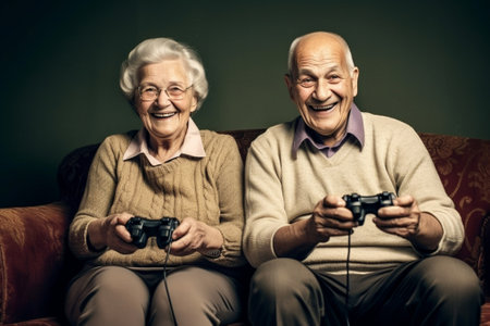 Generative AI : Excited concentrated senior couple husband and wife playing video console games together while sitting on couch in living room at home laughing and having fun Leisuの素材