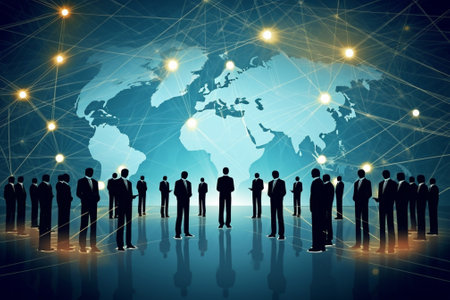 Generative AI : business concept communication link connection people of the future on the map around the worldの素材