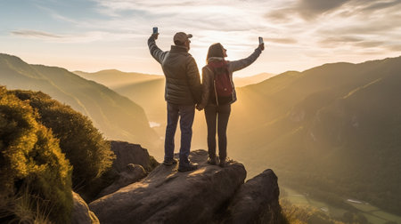 Generative AI : happy couple tourist with photo camera at top of mountain at sunset outdoors during a hike in summerの素材