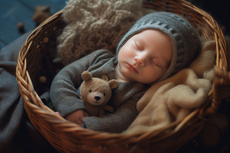 Generative AI : Cute happy newborn baby in a blue knit cap sleeping in a basketの素材
