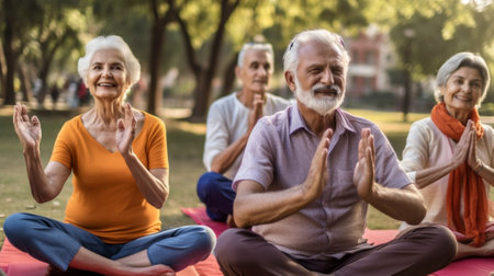 Generative AI : Joyful senior family couple staying in lotus position with folded hands raised up of female yoga trainer relaxed elderly husband and wife enjoying meditation workouの素材