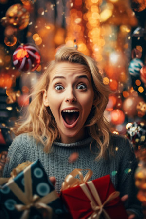 Generative AI : delighted funny young woman in a Christmas reindeer costume smiles winks and rejoices with gift on colorful red backgroundの素材