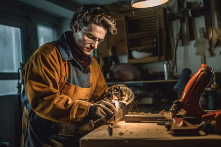 Generative AI : Focused adult woodworker in apron and protective gloves using electric grinder while polishing wooden detail in craft workshopの素材