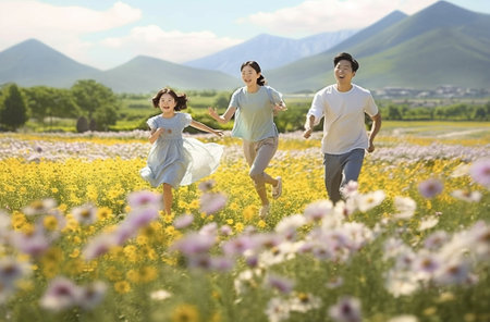 Generative AI : Happy family of mother and children run in the meadow of yellow flowers in summer on natureの素材