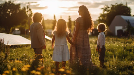 Generative AI : View back happy family in the summer outdoors Mother hug children daughters on sunsetの素材