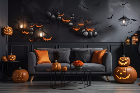 Generative AI : interior of home decorated for the holiday of Halloween with pumpkinsの素材